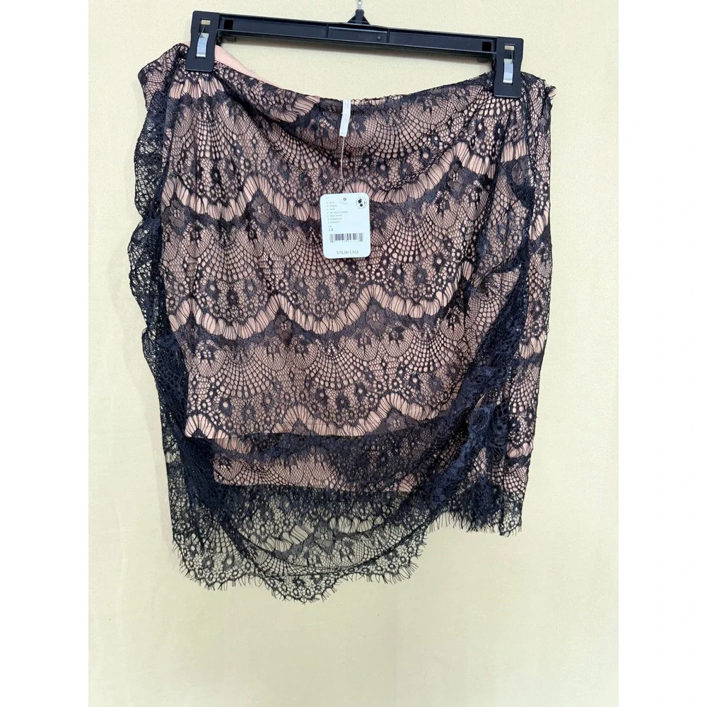 Free‎ People Mini Skirt Womens 14 Black Combo Night Shimmer Lace Ruched Sexy New